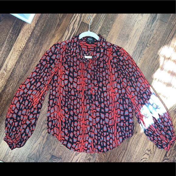 Bardot Mona Leopard Blouse Red Grey Black Collared Shirt Small Silky Long Sleeve - Picture 11 of 11